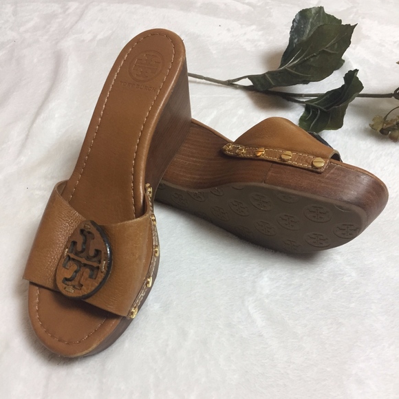 Tory Burch Shoes - Tory Burch Tan Leather Patty Wedge Slide Sandals